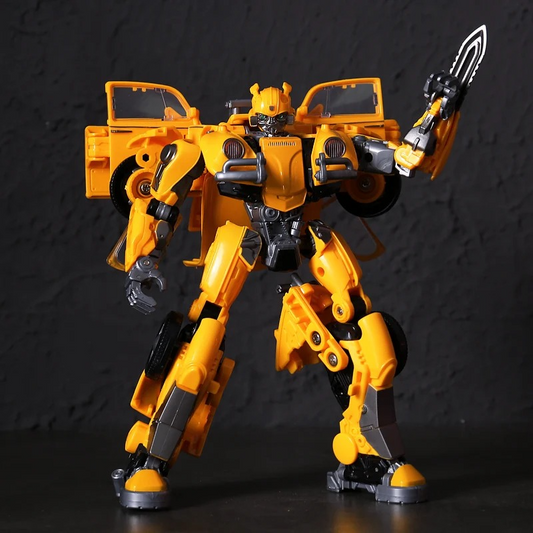 Yellow bumblebee car robot toy with black accents on a dark background