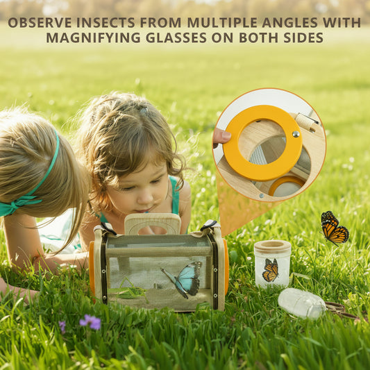 Two children observing insects with science experiment kit on a grassy field my toyora product image