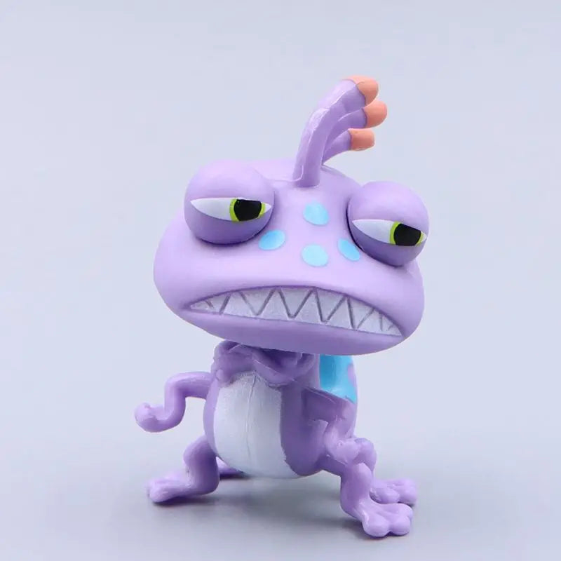 Purple cartoon-like creature with a surprised expression on a light gray background