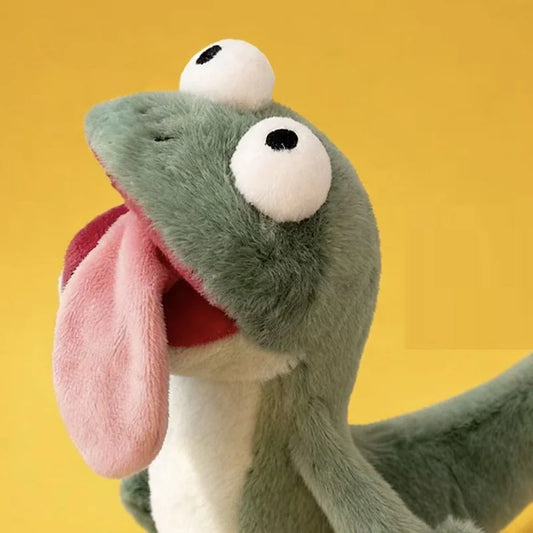 Hoppers Tom Lizard Plush Toy with a green body, pink tongue, and white eyes on a yellow background