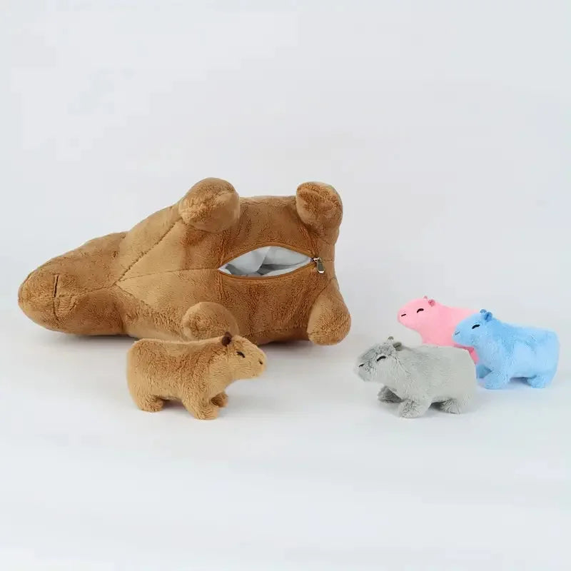 Brown stuffed capybara plush slippers with small animal figures on a white background