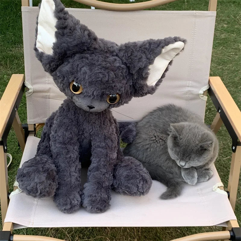 curly devon rex kitten Gray plush toy and real gray cat sitting on a chair outdoors