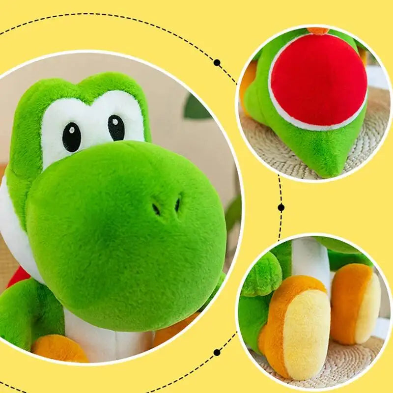 yoshi plush toy with large black eyes, white underbelly, red shell detail, and orange-yellow feet, shown with three circular close-up insets on a yellow background.
