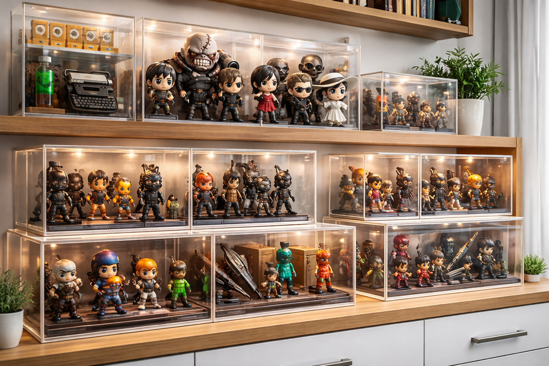 Display cases filled with toy collectibles and figurines, organized on shelves with soft LED lights, modern collector showcase room