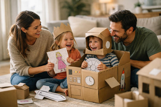 A warm family indoor scene, mother and father playing with two children in a cozy living room, using paper drawings and cardboard boxes as toys