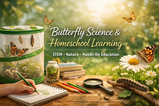 Butterfly growing kit helps homeschool parents with science curriculum, STEM learning, and real-life caterpillar to butterfly activities for home education.