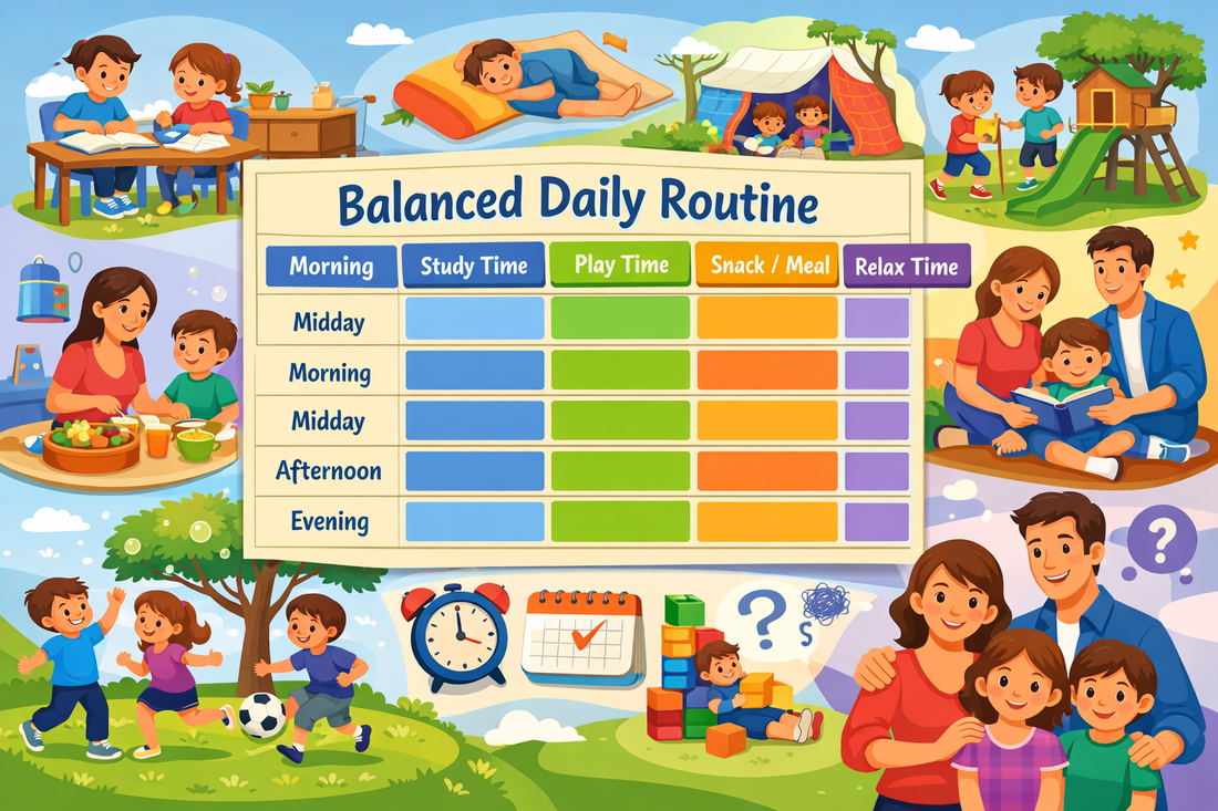 Vector art of a my toyora, cheerful family scene showing happy parents and children following a structured play and study schedule