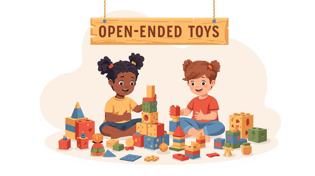 illustration of happy children playing with open-ended toys