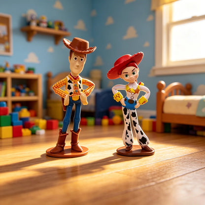 Two small Woody and Jessie toy figurines standing on a wooden floor in a child's bedroom with toys and a bed in the background.