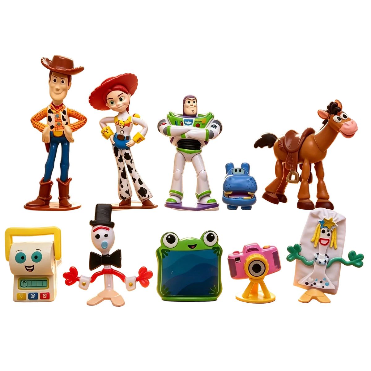 A group of Toy Story-5 themed small figurines and accessories displayed on a clear acrylic stand in a child's bedroom. Visible characters include Woody, Buzz Lightyear, Jessie, Rex, Bull, and several smaller toy figures on the floor.