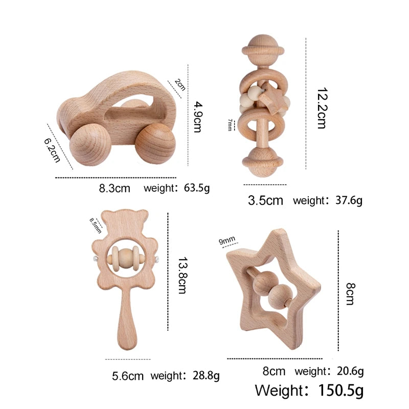 Wooden toys with measurements and weights on a white background
