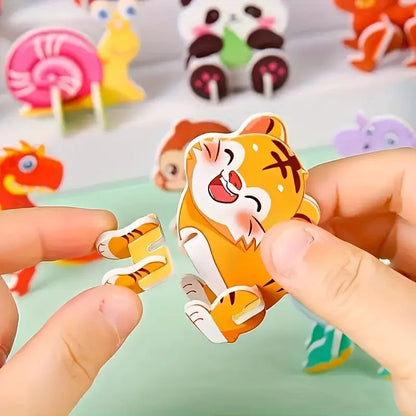 Hand holding a cartoon tiger character with colorful animal-shaped objects in the background.