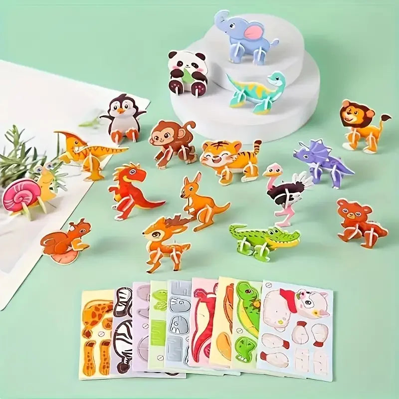 Colorful animal figurines and stickers on a light green background