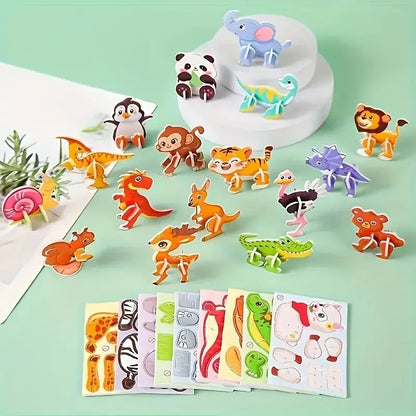 Colorful animal figurines and stickers on a light green background