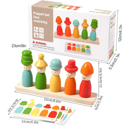 Wooden puppet hats with colorful faces and matching chart, displayed with packaging and measurements.