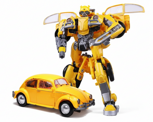 Transforming bumblebee figure with car mode and robot mode on a white background