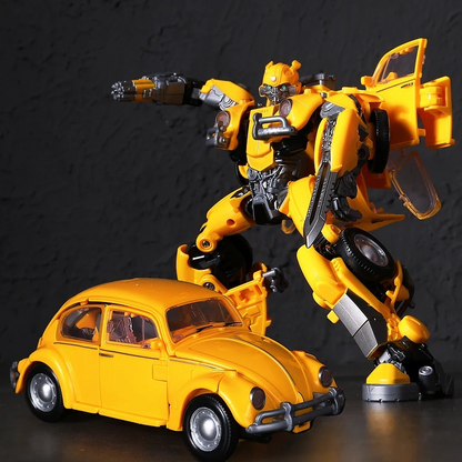 Transforming toy figure in robot and car form on a dark background