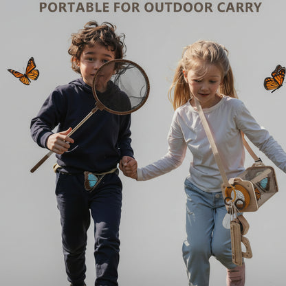 Two children in a field with butterfly nets, surrounded by butterflies, with text 'Portable for Outdoor Carry'.