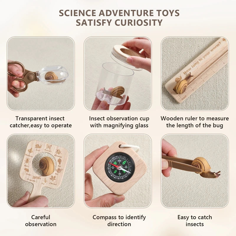 Butterfly growing kit for children with transparent insect catcher, insect observation cup, wooden ruler, compass, and easy-to-catch insects.