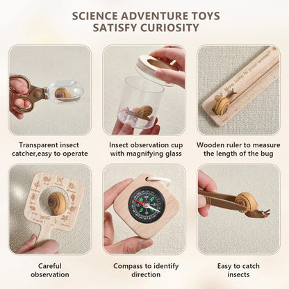 Butterfly growing kit for children with transparent insect catcher, insect observation cup, wooden ruler, compass, and easy-to-catch insects.