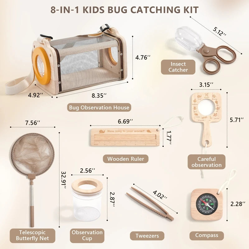 8-in-1 Kids Bug Catching Kit with measurements and labels on a beige background