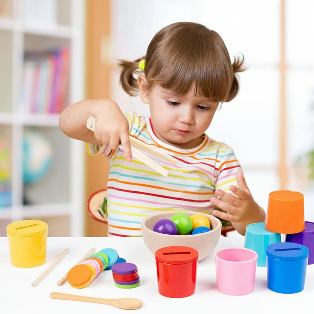Child playing with colorful educational toys in a classroom Color Matching Game Wooden Educational Toys setting
