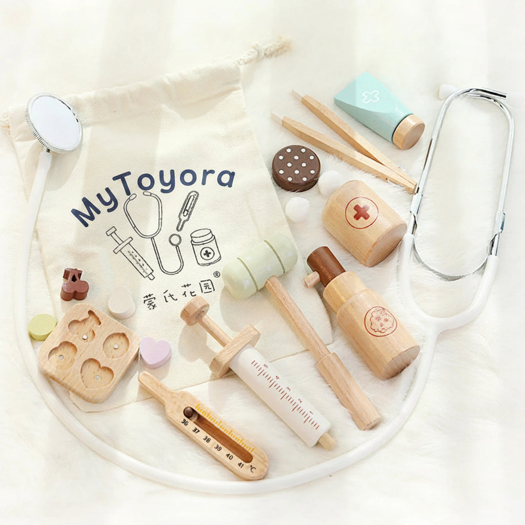 Montessori educational toys and tools on a white surface with 'mytoyora' branding.