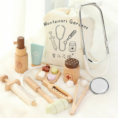 Montessori educational tools including a stethoscope, wooden toys, and a bag labeled 'Montessori Gardens' on a white background.