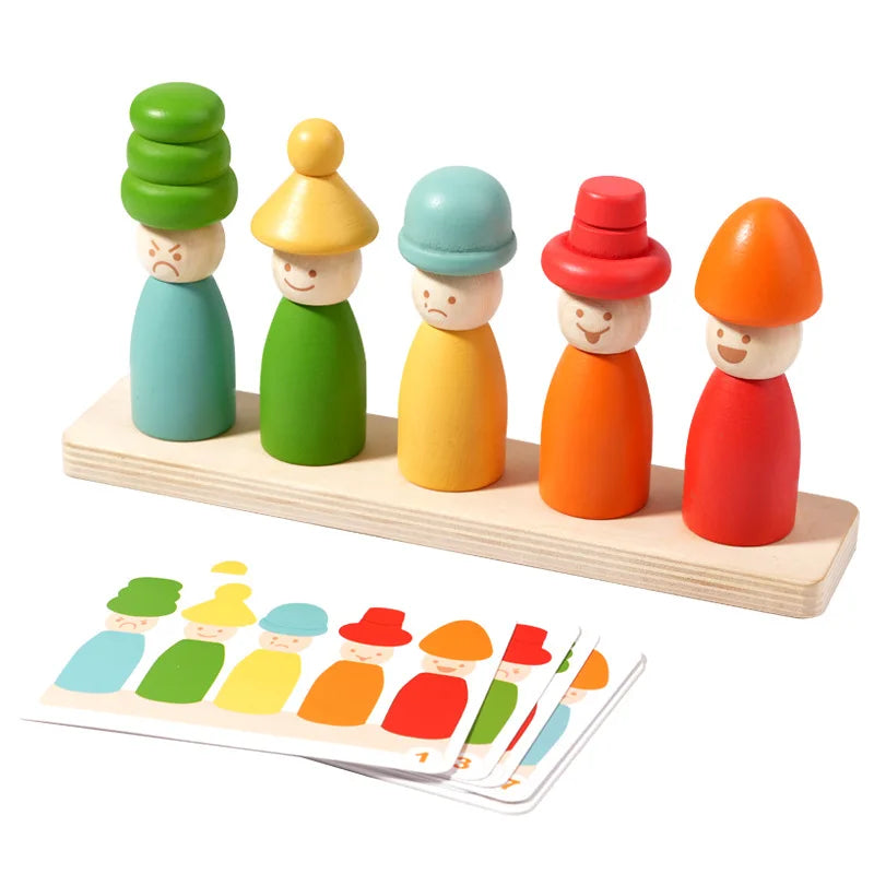 Set of colorful wooden peg dolls with a stand and matching color cards on a white background