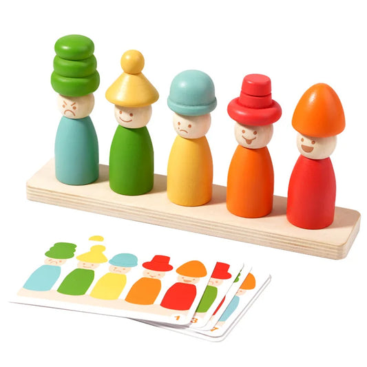 Set of colorful wooden peg dolls with a stand and matching color cards on a white background