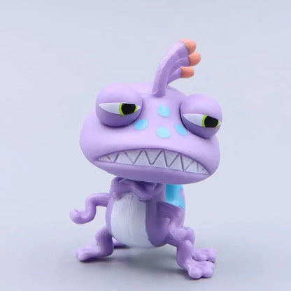 Purple cartoon-like creature with a surprised expression on a light gray background