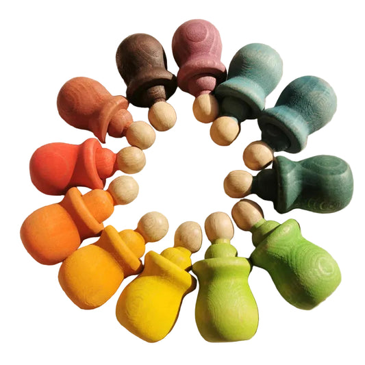 Open ended play with rainbow color wooden peg dolls 12pcs Lot stacking toys