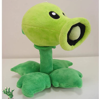 Green plush toy resembling a plant character with a white background