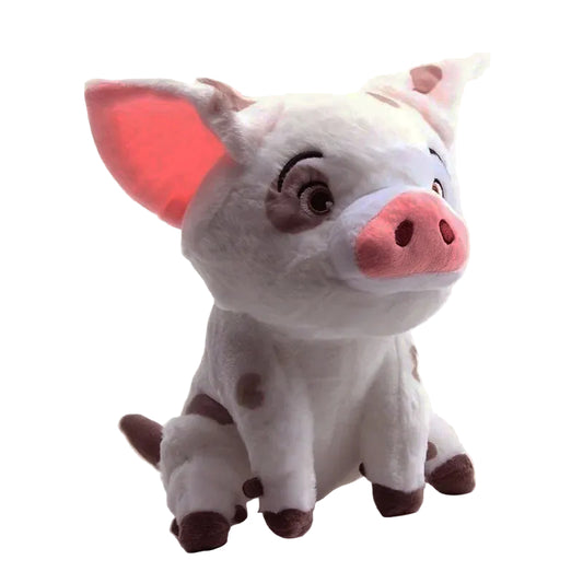 A plush toy pig sitting upright, with a white body, pink snout and inner ears, and brown spots and hooves, photographed against a plain light background.