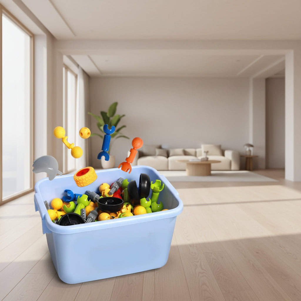 Play-and-Pack storage box filled with colorful toys on a wooden table.