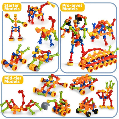 Colorful building block models at different levels of complexity on a white background