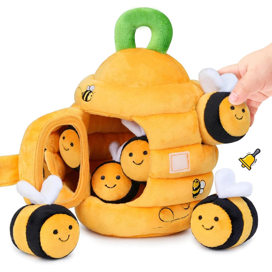 Plush toy bee hive plush toy with bee characters on a white background