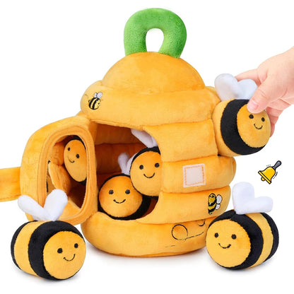 Plush toy bee hive plush toy with bee characters on a white background