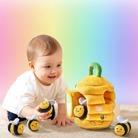 Child playing with a plush bee toy set on a carpeted floor.