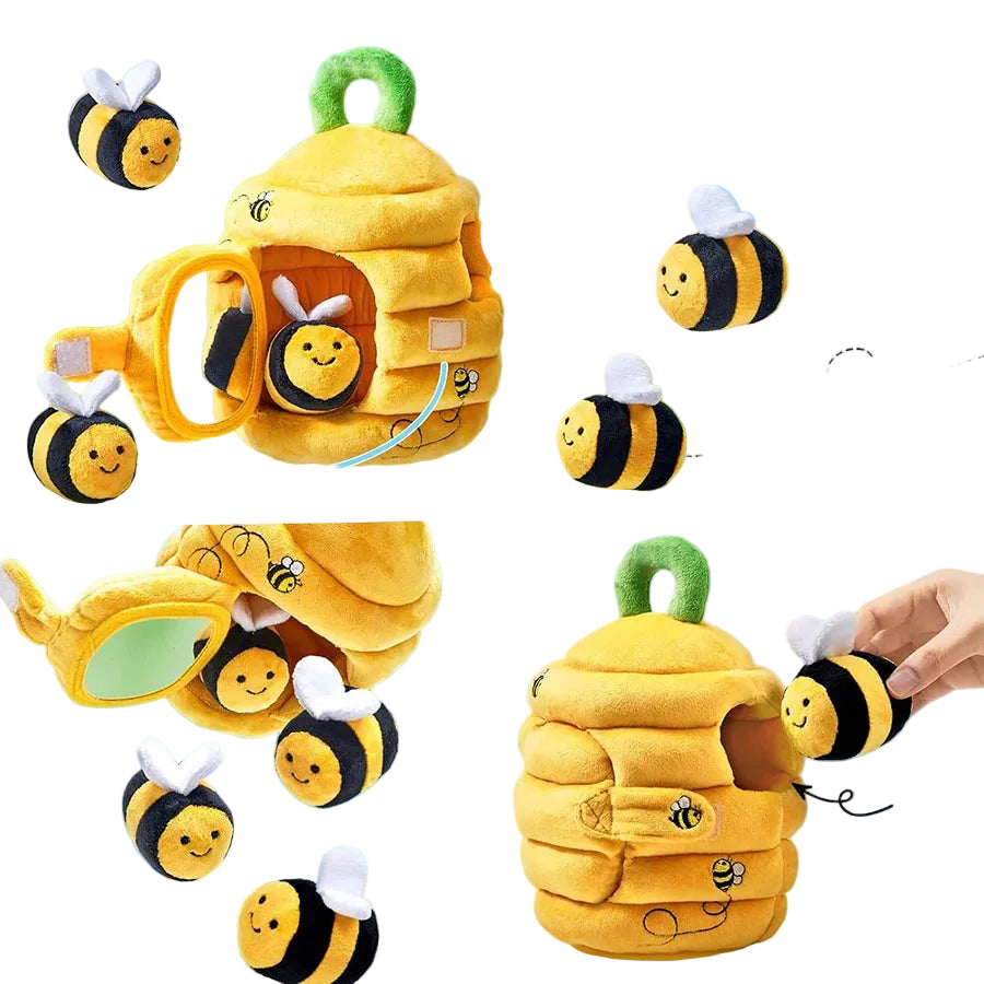 Plush toy set with honeycomb and bee characters on a colorful background