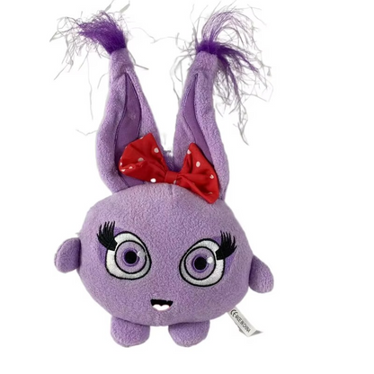 Purple plush toy with bunny ears and a red bow on a white background