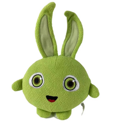 Green plush toy with rabbit ears on a white background