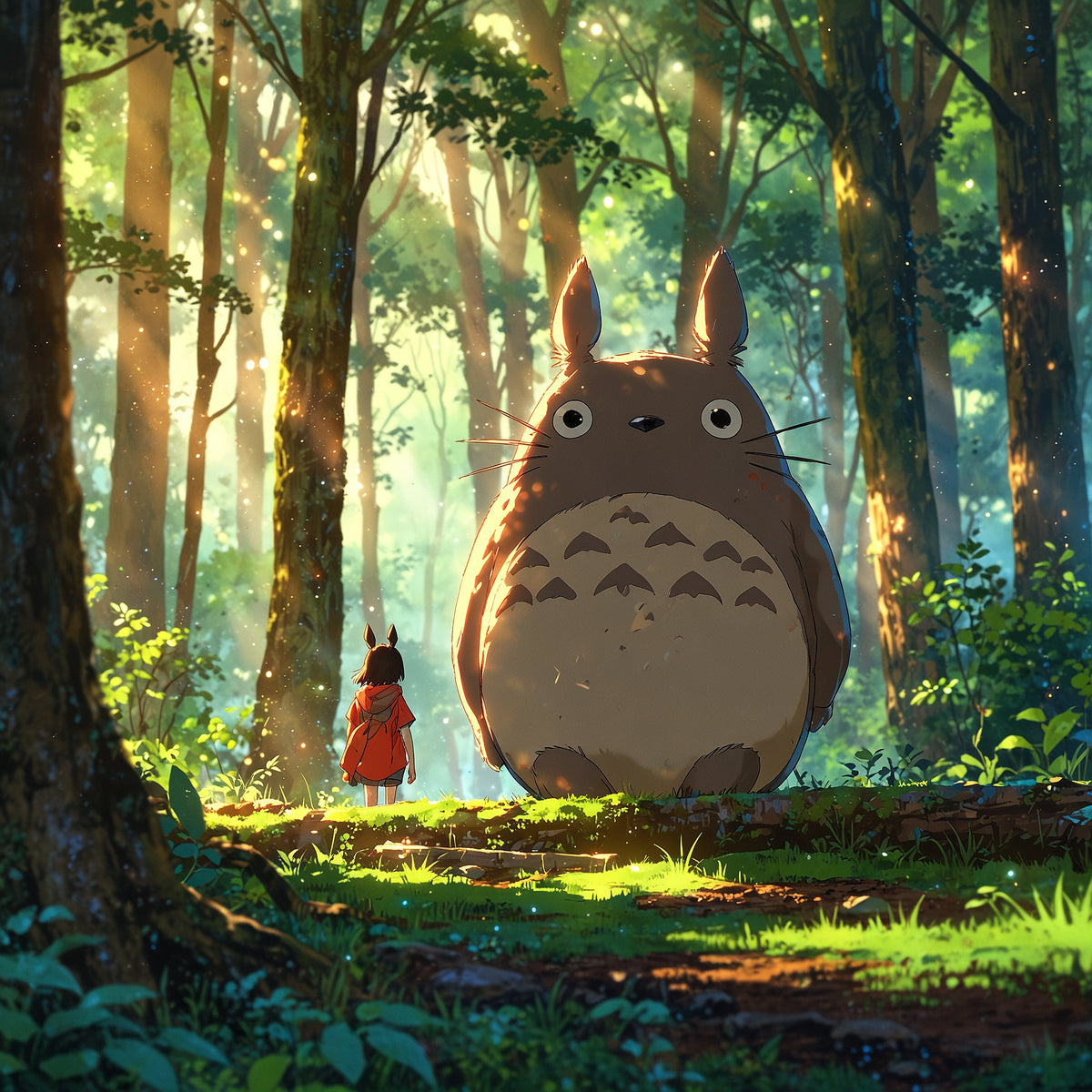 A stylized my toyora banner, forest scene with a large brown totoro-plush character standing in a sunlit woodland and a small rabbit-like figure in an orange-red dress facing it. Trees, green foliage, and golden light fill the scene.