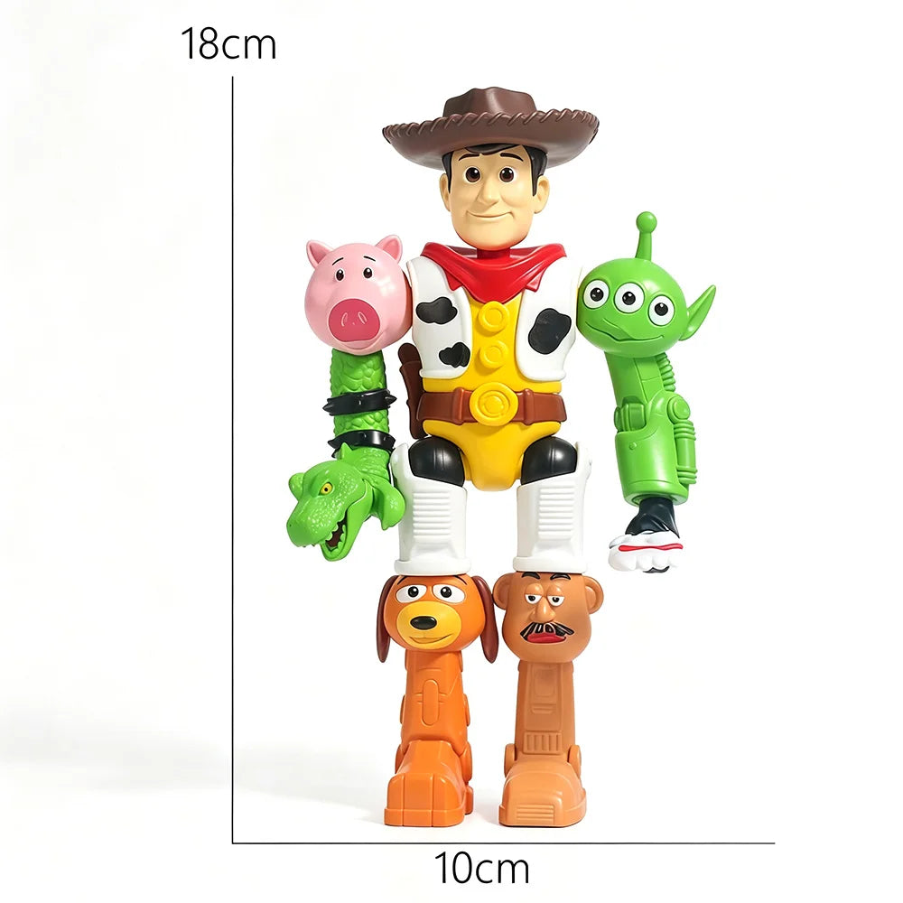 Toy action figure of Woody from Toy Story with attached arms and legs featuring Piggy, Alien, and Dog characters, shown on a white background with height and width measurement markers labeled 18cm and 10cm.