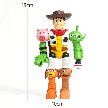 Toy action figure of Woody from Toy Story with attached arms and legs featuring Piggy, Alien, and Dog characters, shown on a white background with height and width measurement markers labeled 18cm and 10cm.