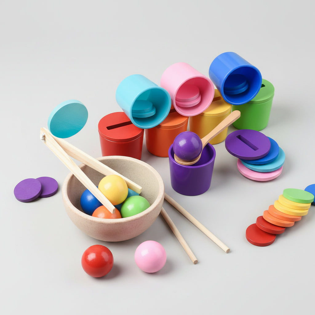 Colorful wooden toys on a beige surface with a neutral background