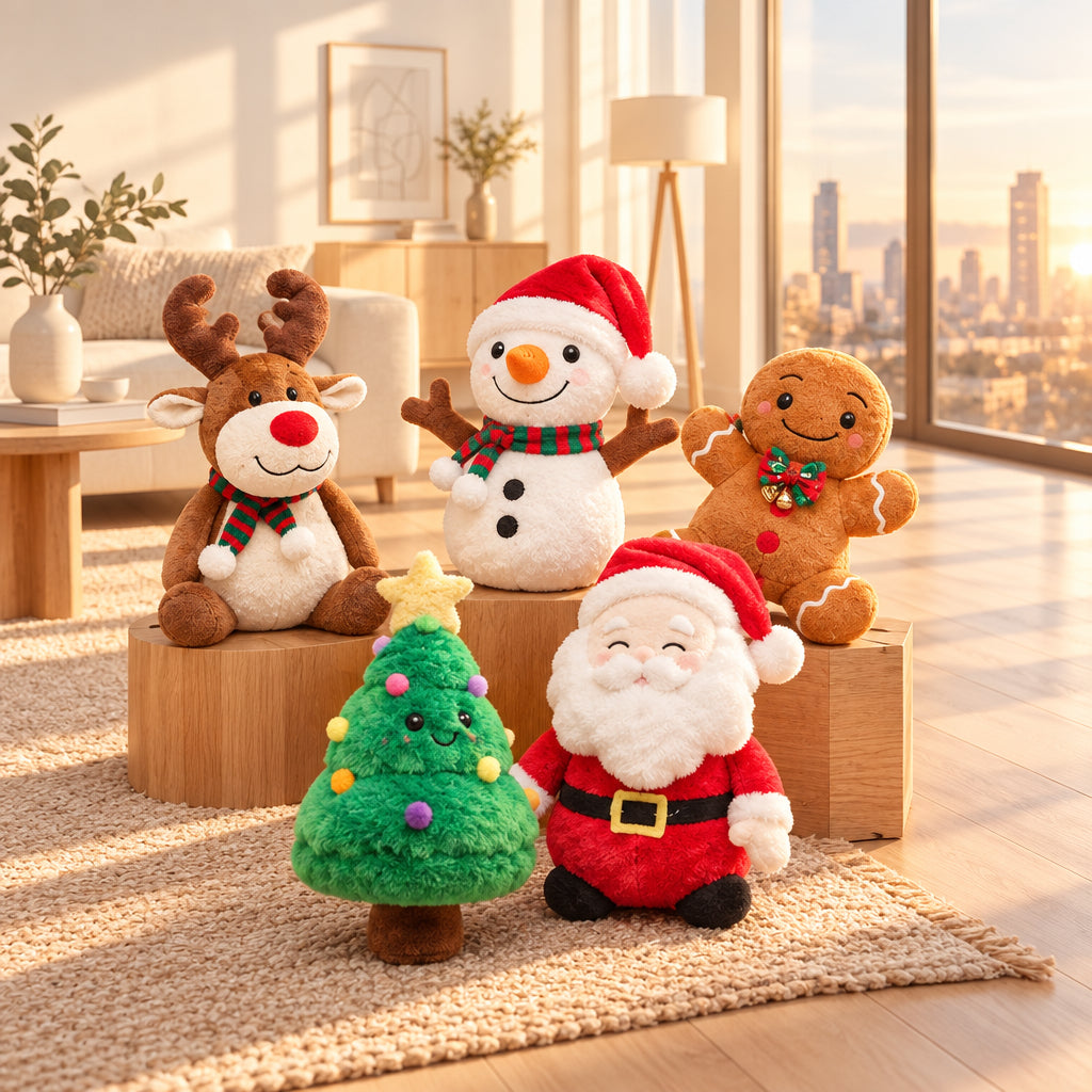 A woman in a red knit sweater sits on a woven bench in a cozy living room, surrounded by Christmas-themed plush toys including a reindeer, snowman, gingerbread man, Santa, and a Christmas tree. A decorated Christmas tree and wrapped gifts are visible in the background.