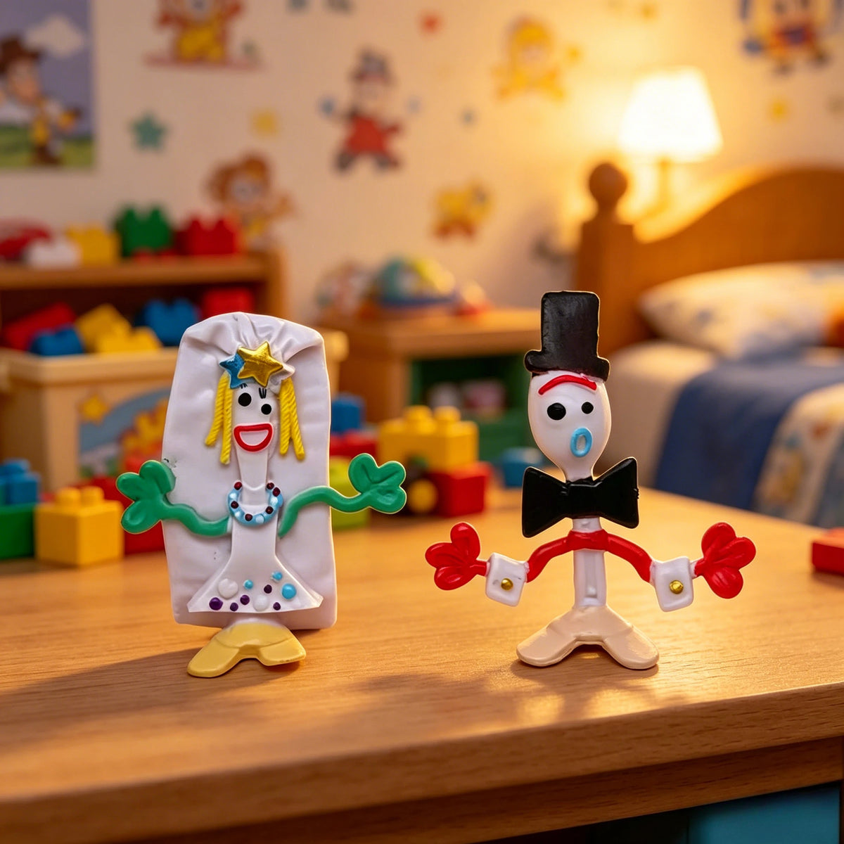 Two toy figurines resembling Forky and Bojack from Toy Story standing on a wooden table in a child's bedroom with toys and a bed in the background.christmas decorations