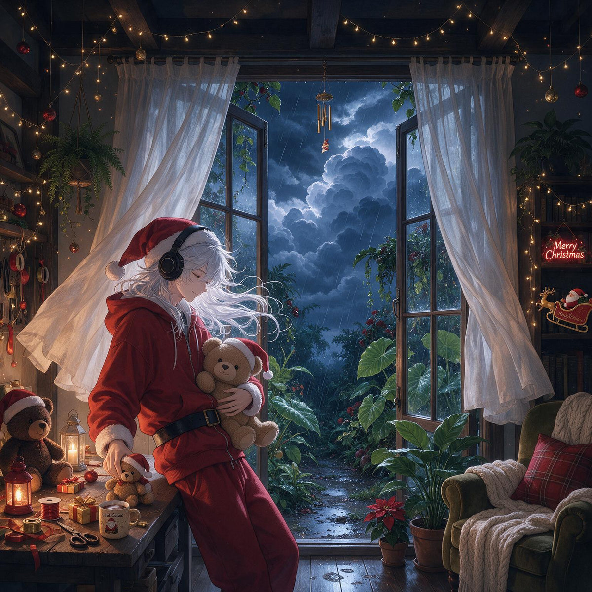 Mytoyora "Top Toys for Christmas 2026" : A festive Christmas scene in a cozy room with a person in a red Santa outfit holding a teddy bear, looking out an open window at a stormy night sky. The room is decorated with warm string lights, white curtains, candles, and holiday ornaments.