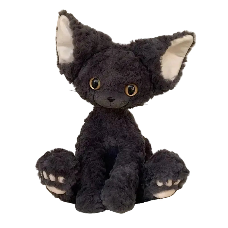 curly devon rex kitten Plush toy cat with black fur and white paws on a light background